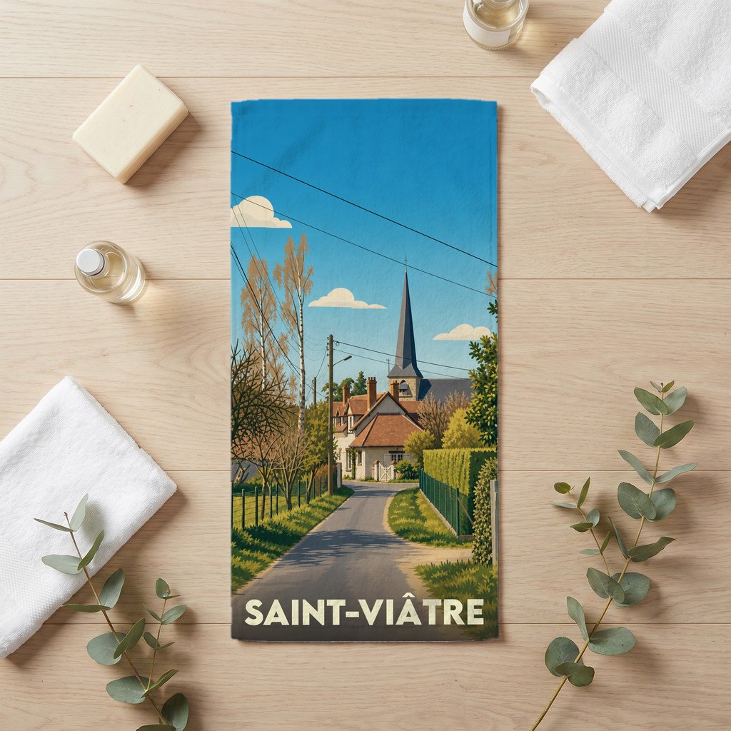 Serviette de bain souvenir de la ville de Saint-Viâtre avec une illustration stylisée d'un paysage de village.