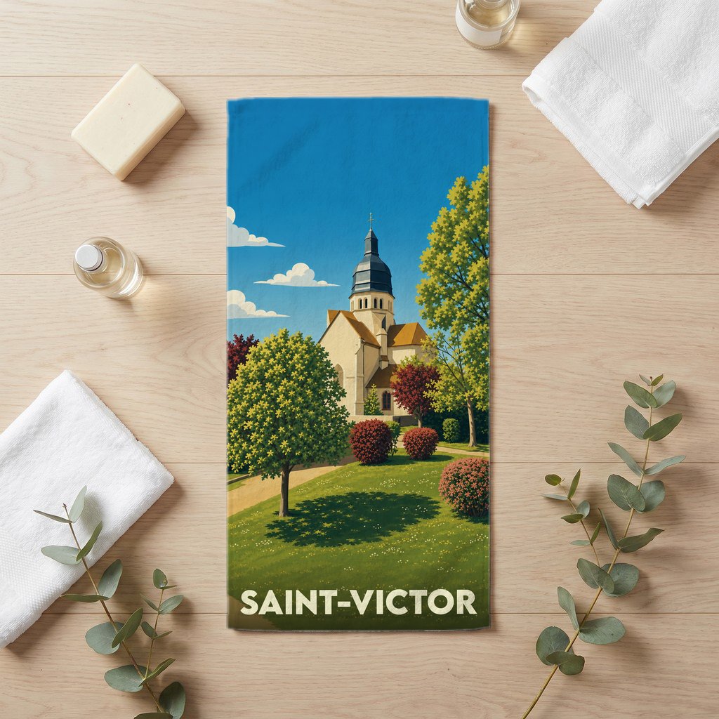 Serviette de bain souvenir de la ville de Saint-Victor avec une illustration stylisée.