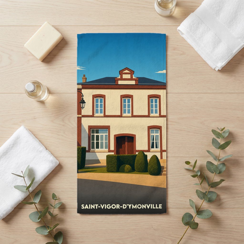 Serviette de bain souvenir de la ville de Saint-Vigor-d'Ymonville avec une illustration stylisée d'un bâtiment remarquable.