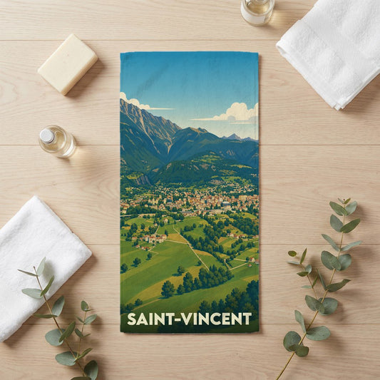 Serviette de bain souvenir de la ville de Saint-Vincent avec une illustration de paysage de montagne.