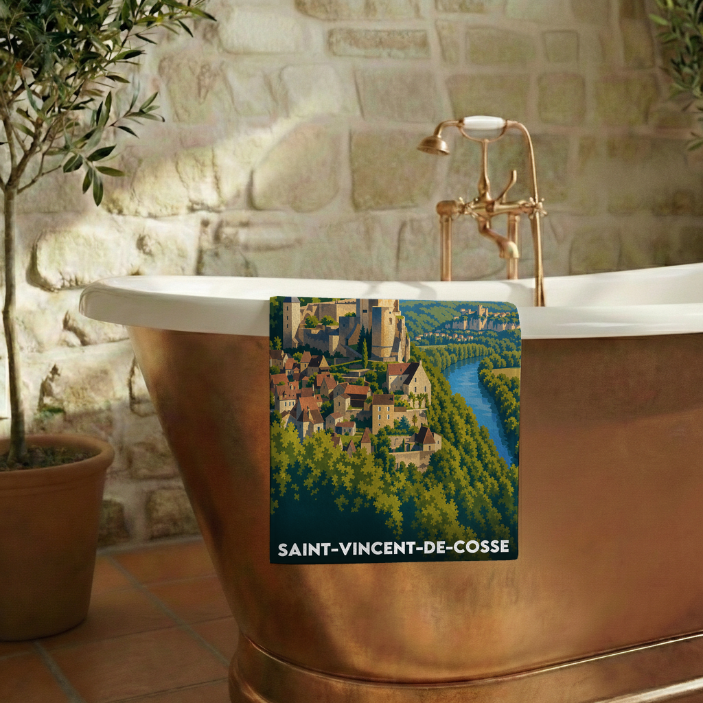 Serviette de bain souvenir de la ville de Saint-Vincent-de-Cosse avec une illustration stylisée.