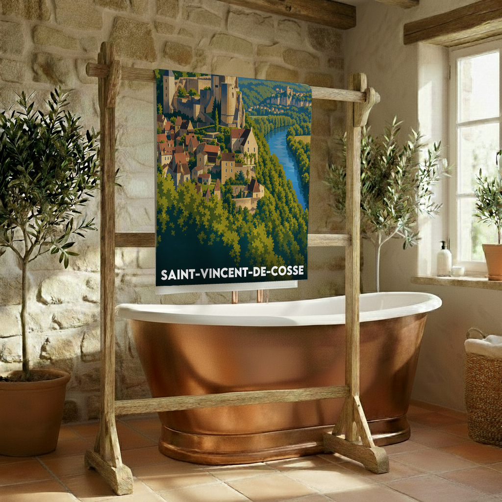 Serviette de bain souvenir de la ville de Saint-Vincent-de-Cosse avec une illustration stylisée.