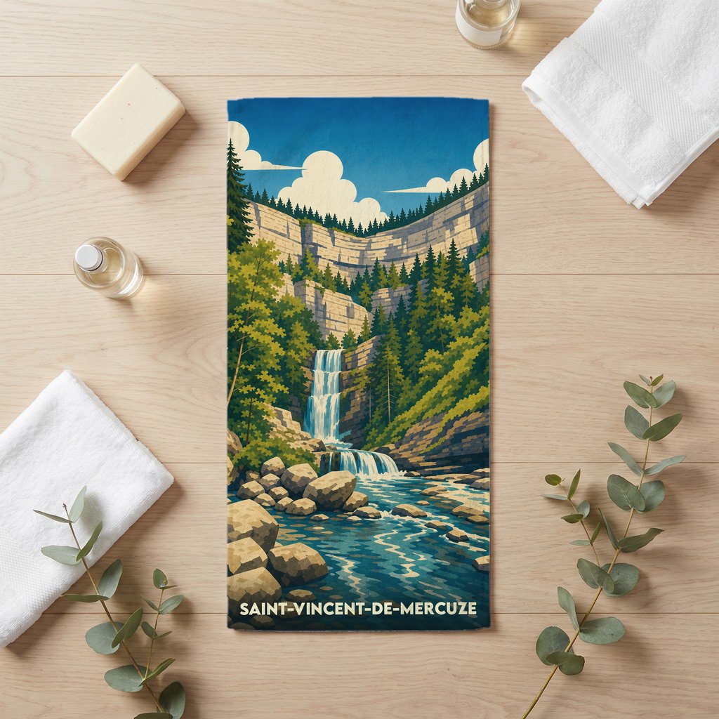 Serviette de bain souvenir de la ville de Saint-Vincent-de-Mercuze illustrant une cascade dans un paysage de montagne boisé.