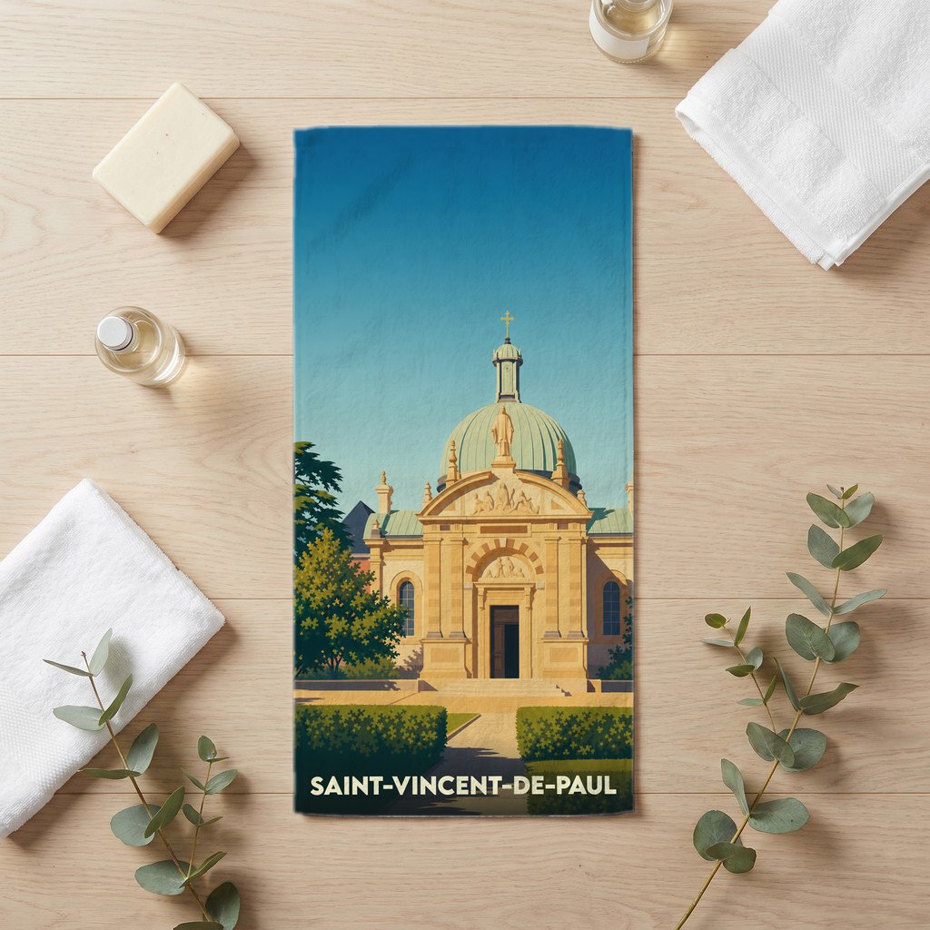 Serviette de bain souvenir de la ville de Saint-Vincent-de-Paul avec une illustration stylisée de sa chapelle.