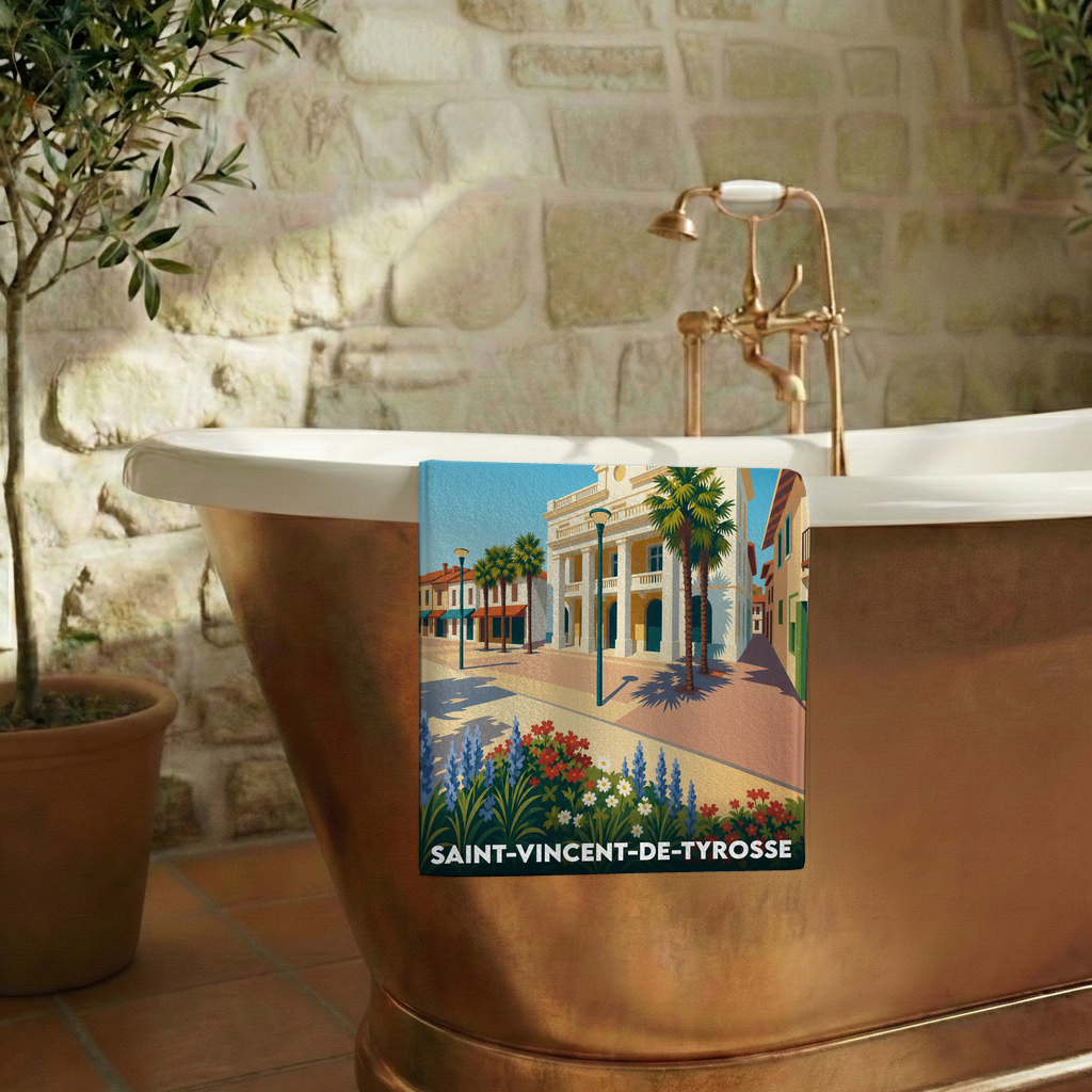 Serviette de bain souvenir de la ville de Saint-Vincent-de-Tyrosse avec une illustration stylisée.