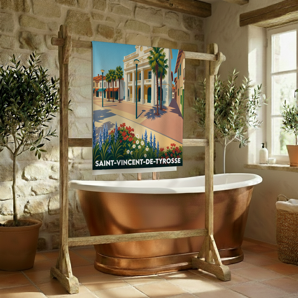 Serviette de bain souvenir de la ville de Saint-Vincent-de-Tyrosse avec une illustration stylisée.