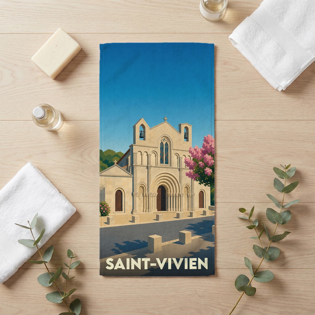 Serviette de bain souvenir de la ville de Saint-Vivien avec une illustration stylisée d'une église.
