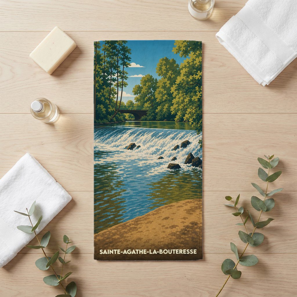 Serviette de bain souvenir de la ville de Sainte-Agathe-la-Bouteresse avec une illustration de sa cascade.