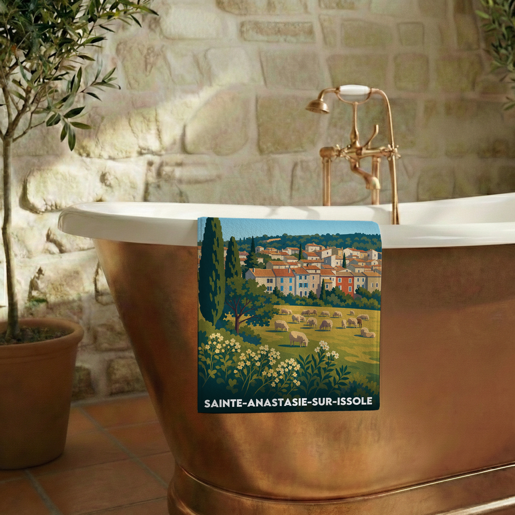 Serviette de bain souvenir de la ville de Sainte-Anastasie-sur-Issole avec une illustration stylisée.
