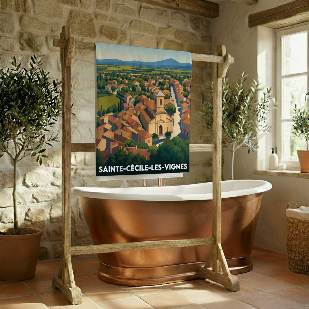 Serviette de bain souvenir de Sainte-Cécile-les-Vignes avec une illustration stylisée du village.