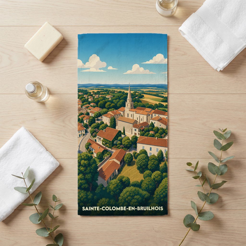 Serviette de bain souvenir de la ville de Sainte-Colombe-en-Bruilhois avec une illustration stylisée.