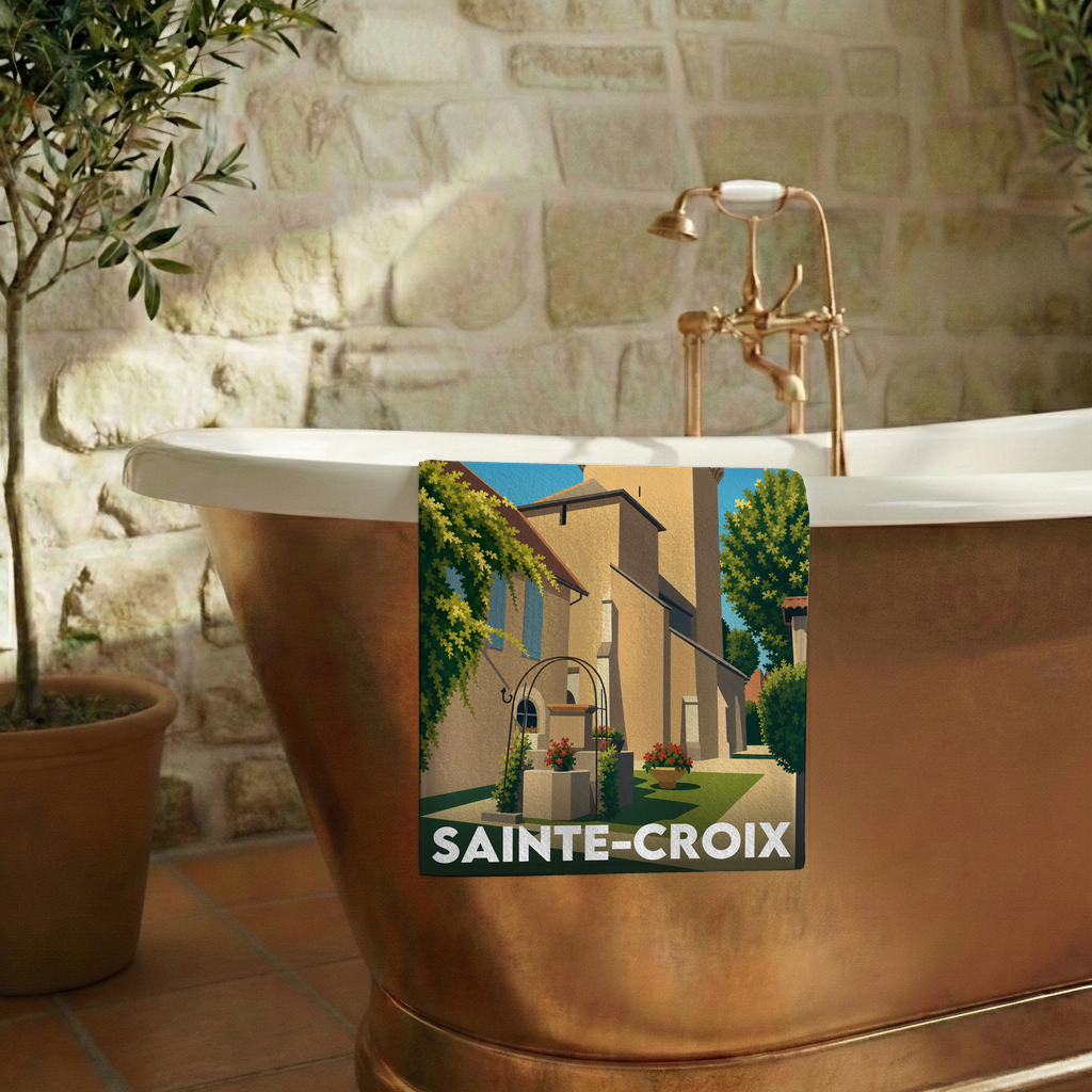 Serviette de bain souvenir de la ville de Sainte-Croix avec une illustration stylisée.