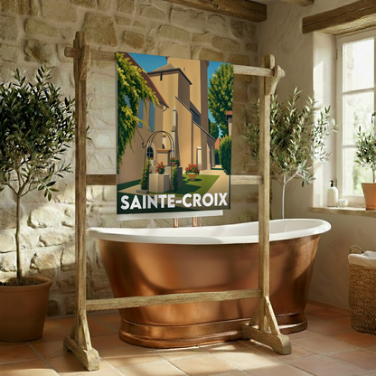 Serviette de bain souvenir de la ville de Sainte-Croix avec une illustration stylisée.