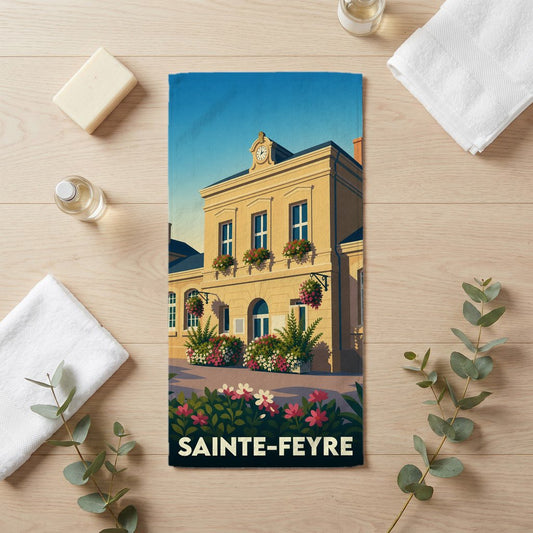 Serviette de bain souvenir de la ville de Sainte-Feyre avec une illustration stylisée de sa mairie fleurie.