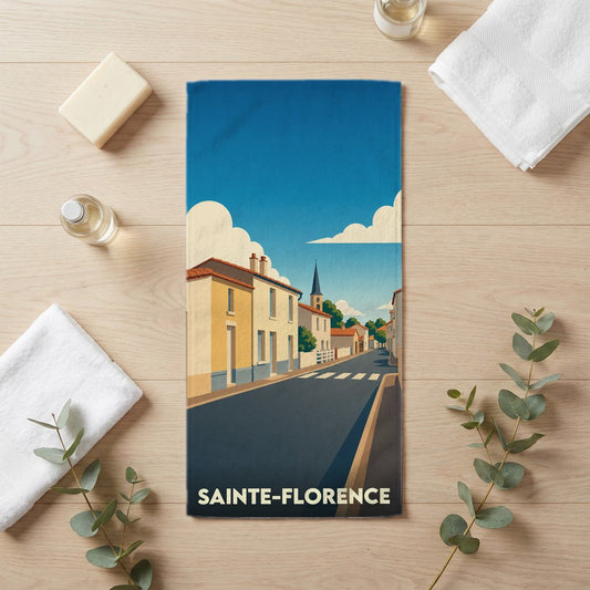 Serviette de bain souvenir de la ville de Sainte-Florence avec une illustration stylisée.