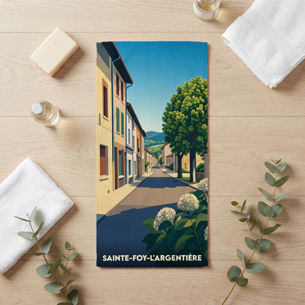 Serviette de bain souvenir de la ville de Sainte-Foy-l'Argentière avec une illustration stylisée d'une rue pittoresque.