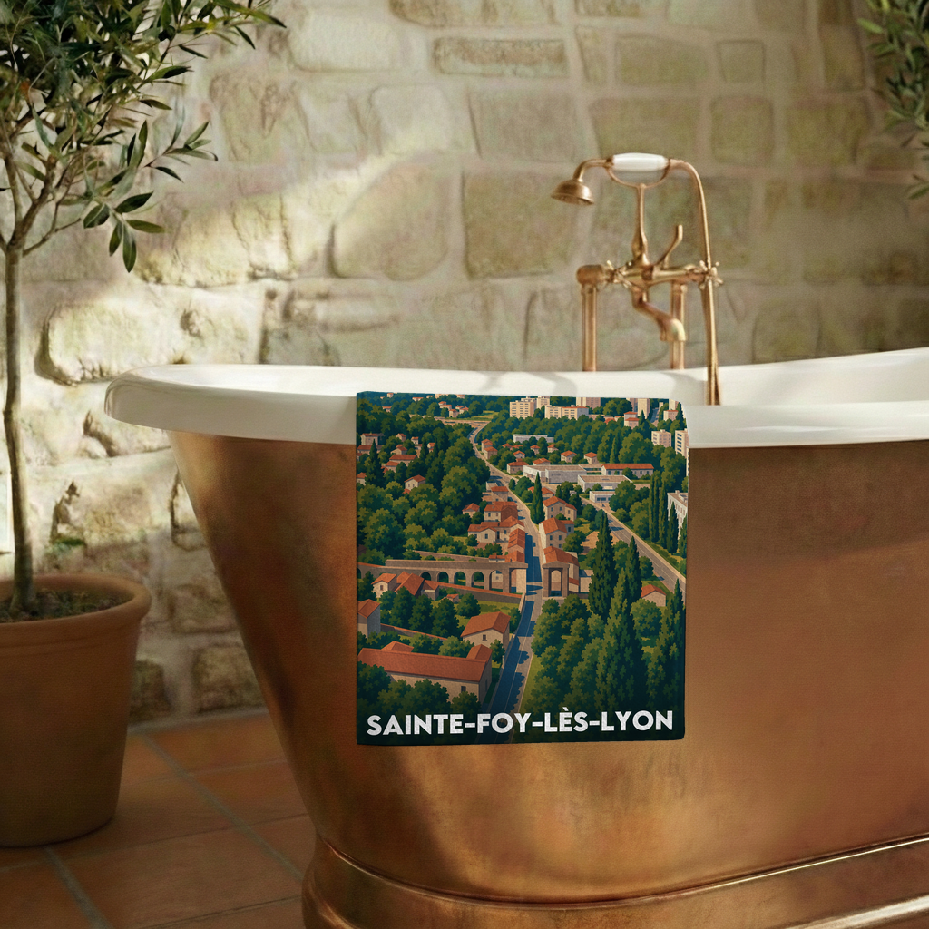 Serviette de bain souvenir de la ville de Sainte-Foy-lès-Lyon avec une illustration stylisée.