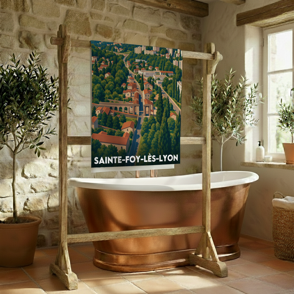 Serviette de bain souvenir de la ville de Sainte-Foy-lès-Lyon avec une illustration stylisée.