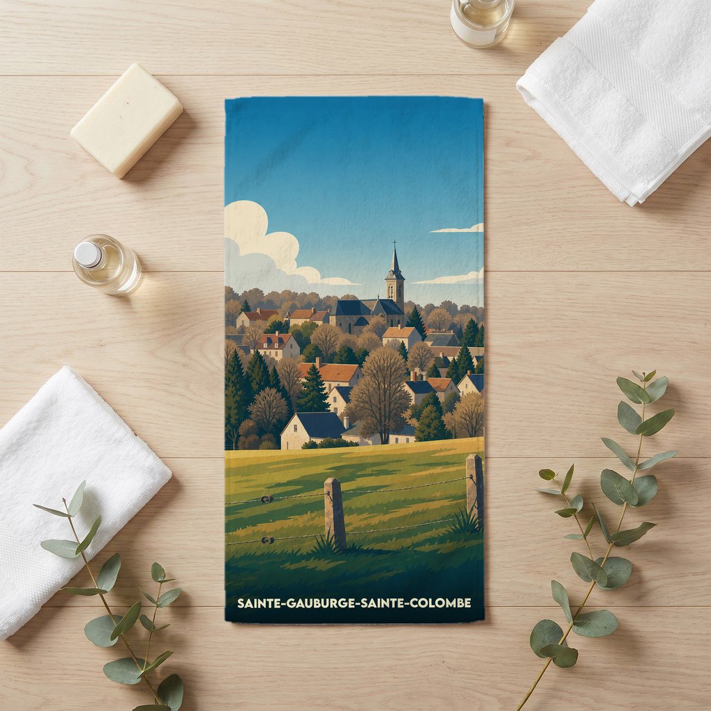 Serviette de bain souvenir de Sainte-Gauburge-Sainte-Colombe illustrant un paysage de village normand stylisé.