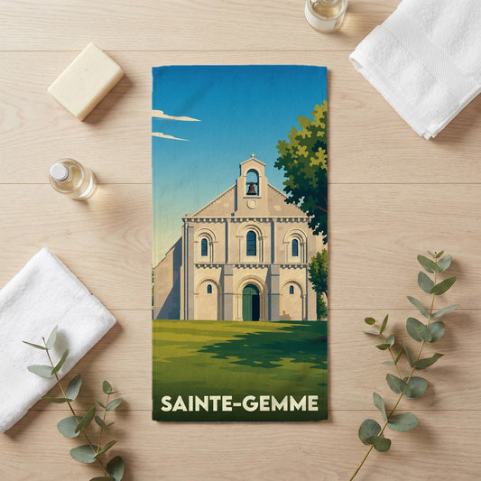 Serviette de bain souvenir de la ville de Sainte-Gemme avec une illustration stylisée de son église romane.