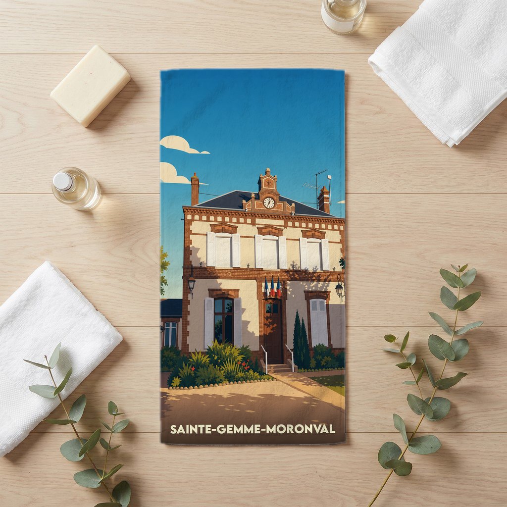 Serviette de bain souvenir de la ville de Sainte-Gemme-Moronval avec une illustration stylisée de sa mairie.