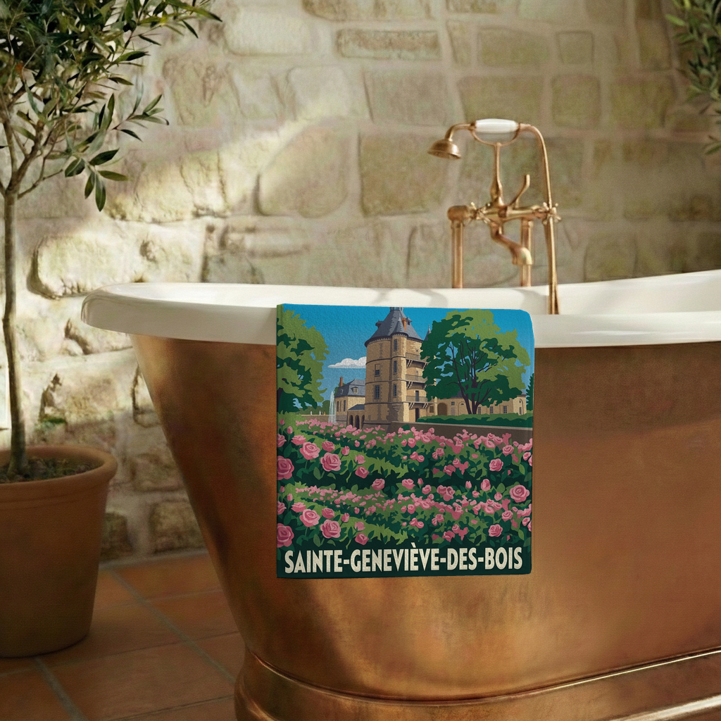 Serviette de bain souvenir de la ville de Sainte-Geneviève-des-Bois avec une illustration stylisée.