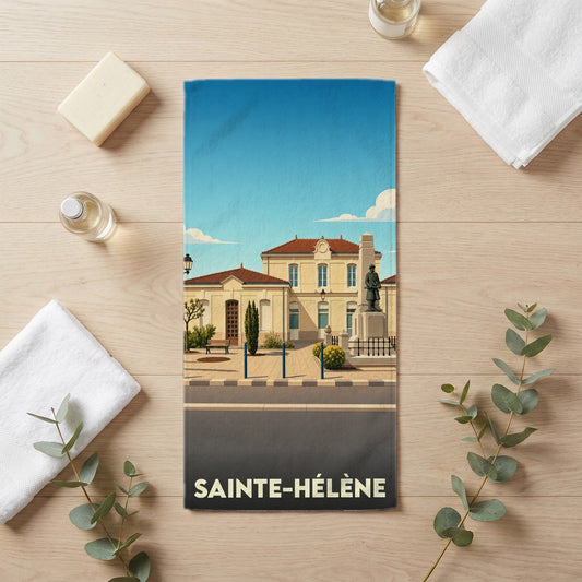Serviette de bain souvenir de la ville de Sainte-Hélène avec une illustration stylisée.