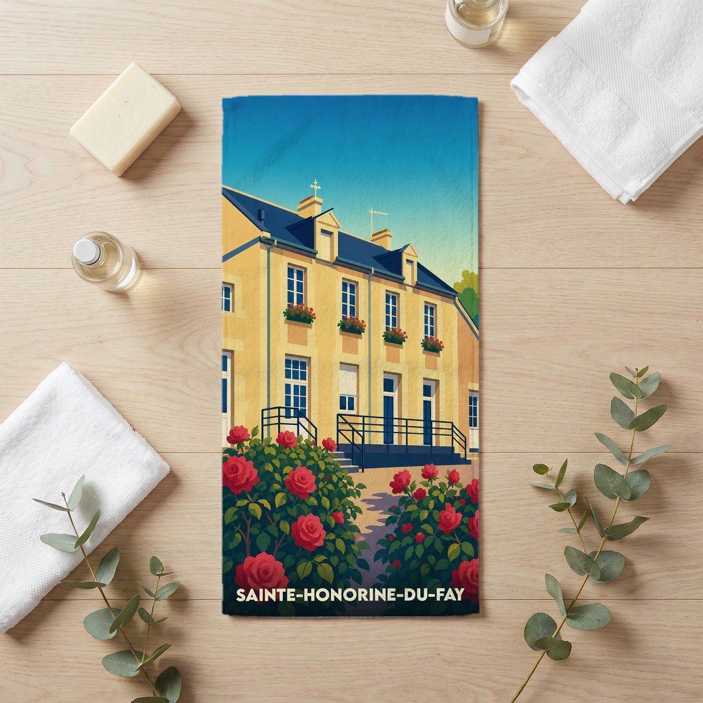 Serviette de bain souvenir de la ville de Sainte-Honorine-du-Fay avec une illustration stylisée.