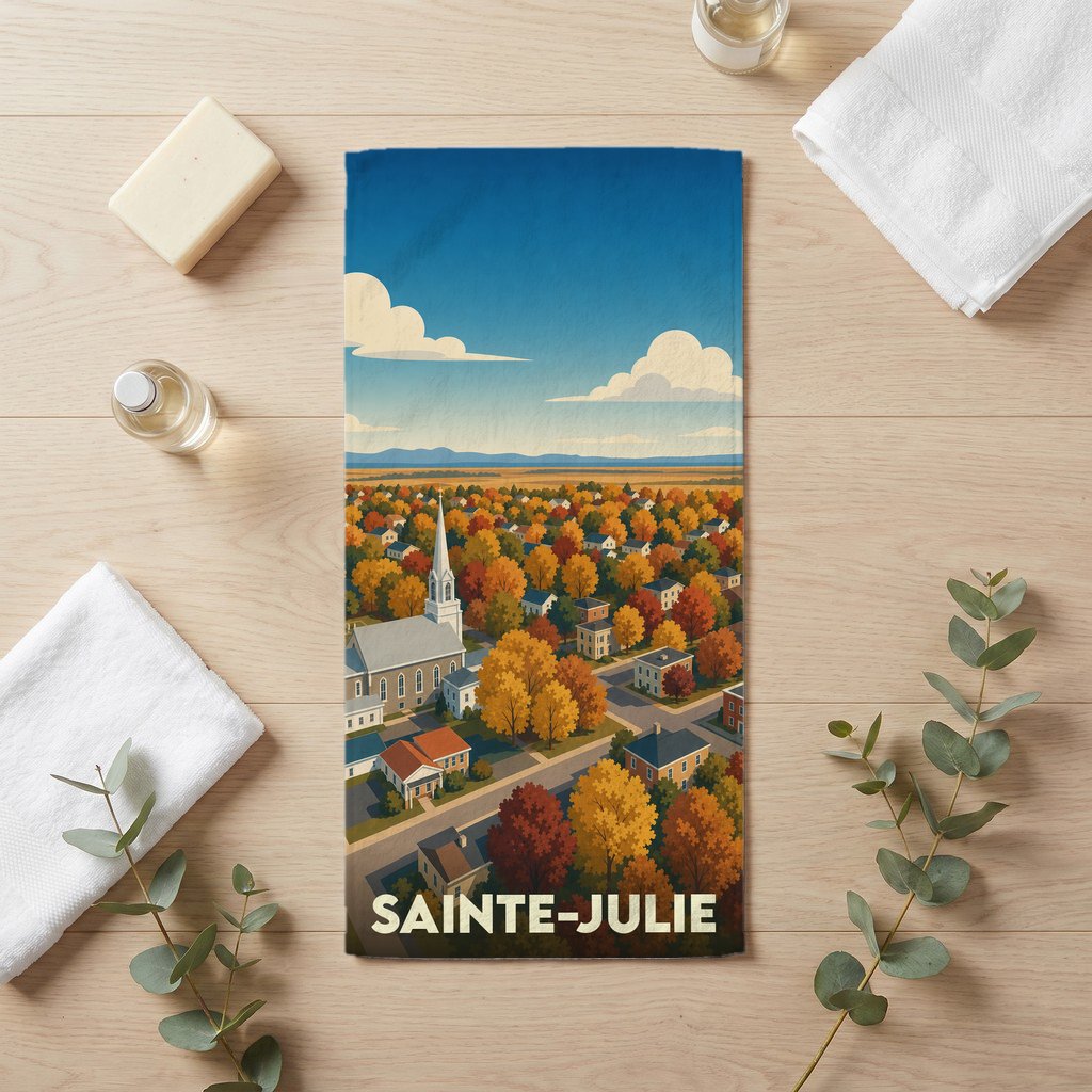 Serviette de bain souvenir de la ville de Sainte-Julie avec une illustration automnale stylisée.