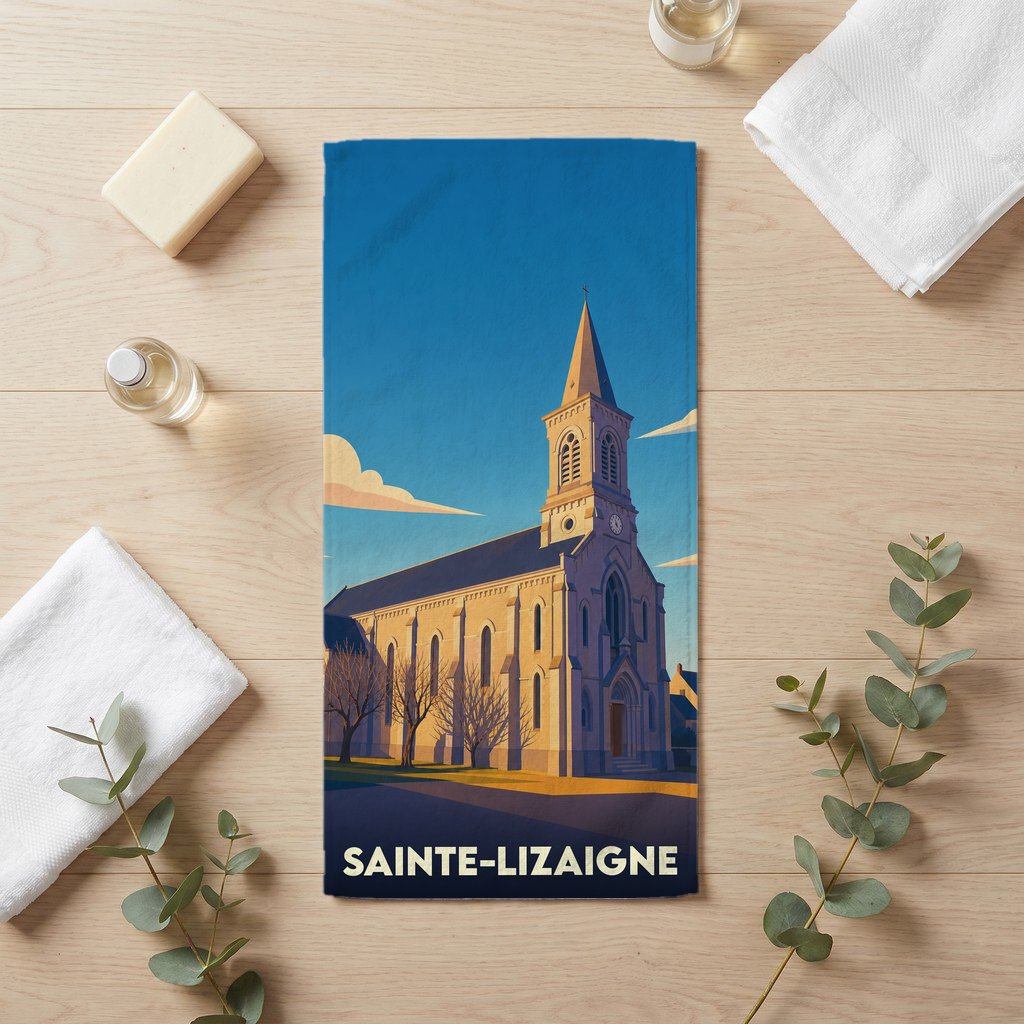 Serviette de bain souvenir de la ville de Sainte-Lizaigne avec une illustration stylisée de son église.