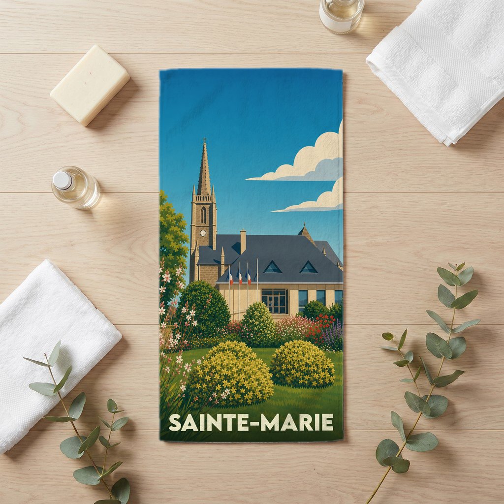 Serviette de bain souvenir de la ville de Sainte-Marie avec une illustration stylisée.