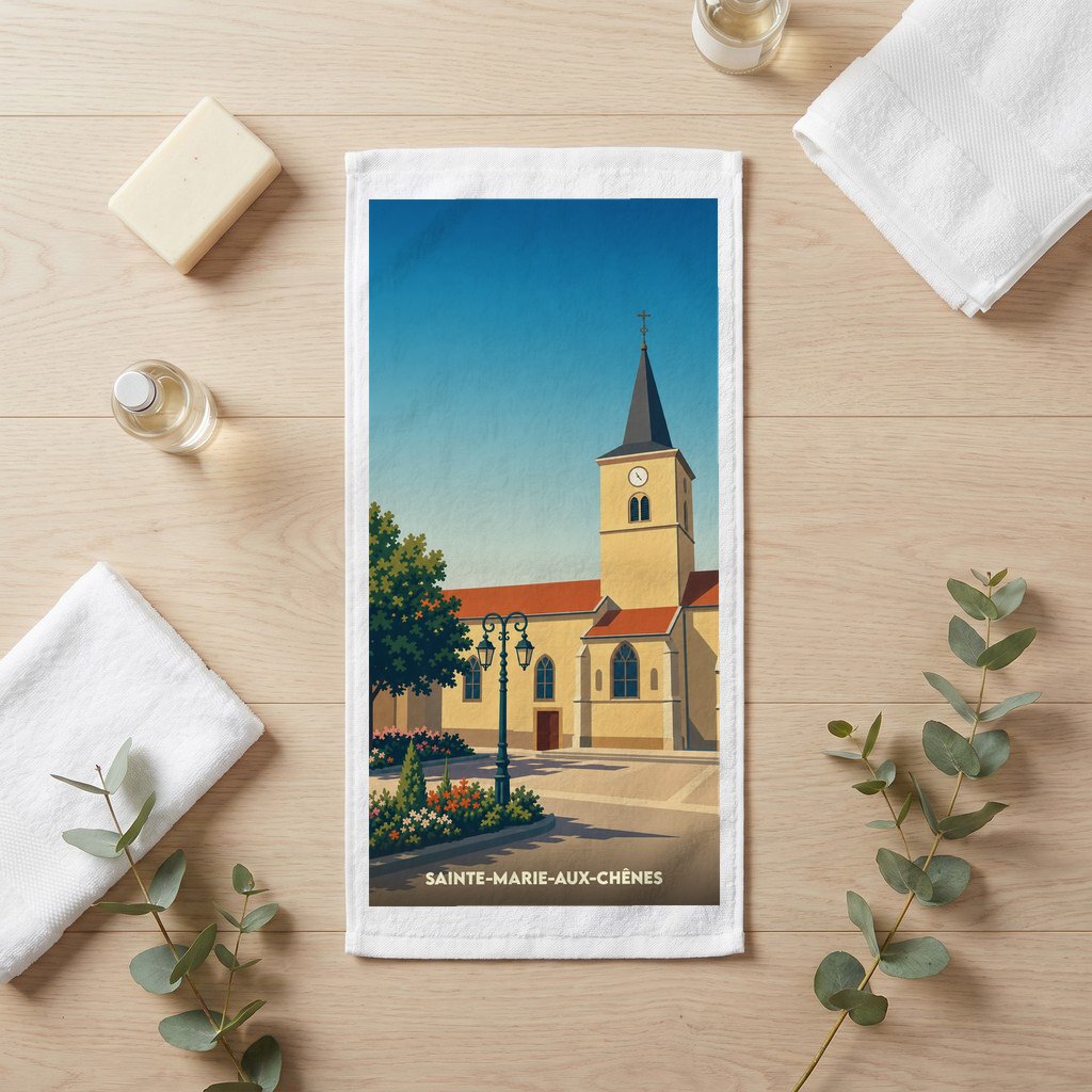 Serviette de bain souvenir de la ville de Sainte-Marie-aux-Chênes avec une illustration stylisée de son église.