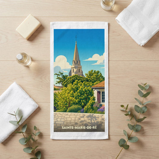 Serviette souvenir de la ville de Sainte-Marie-de-Ré avec une illustration stylisée de son église.