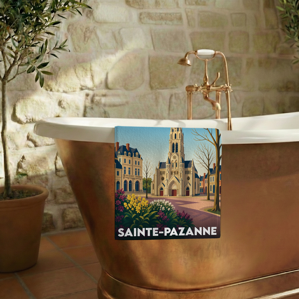 Serviette de bain souvenir de la ville de Sainte-Pazanne avec une illustration stylisée d'une église et d'une place.