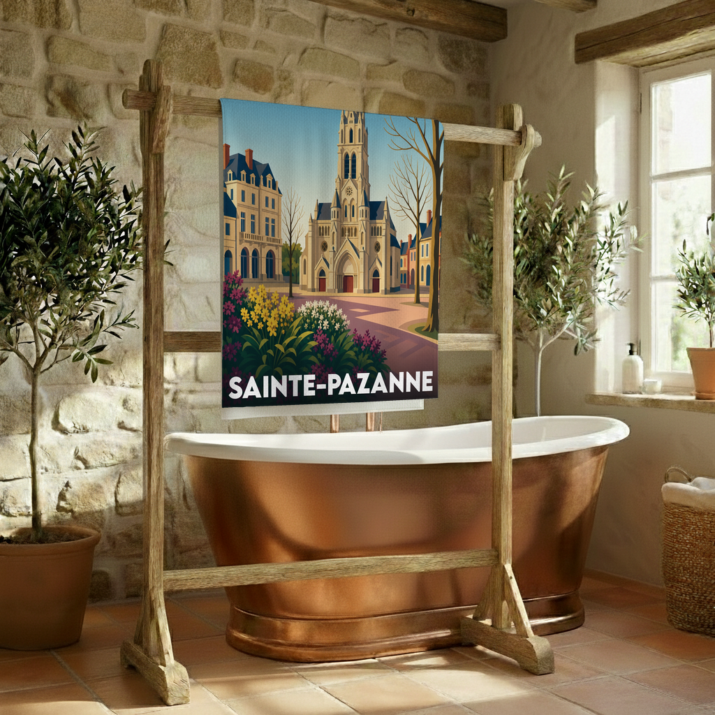 Serviette de bain souvenir de la ville de Sainte-Pazanne avec une illustration stylisée.