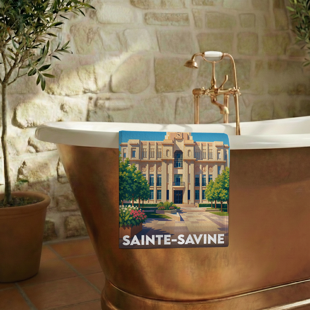 Serviette de bain souvenir de la ville de Sainte-Savine avec une illustration stylisée.