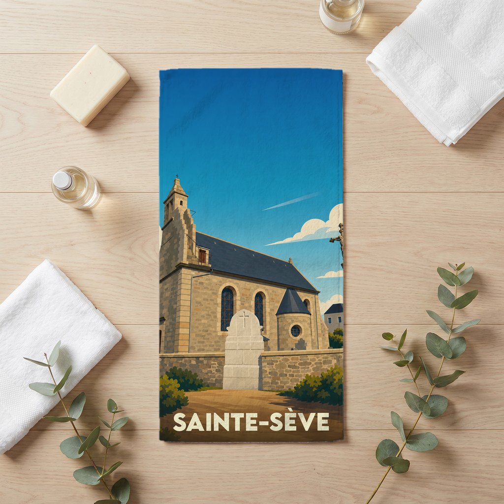 Serviette de bain souvenir de la ville de Sainte-Sève avec une illustration stylisée.
