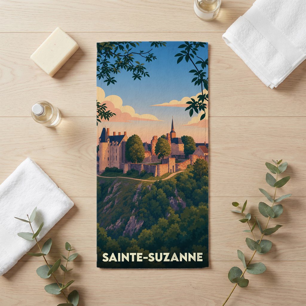 Serviette de bain souvenir de la ville de Sainte-Suzanne avec une illustration stylisée de son château médiéval.