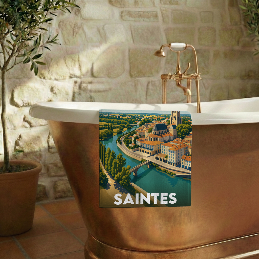 Serviette de bain souvenir de la ville de Saintes avec une illustration stylisée de son paysage urbain.