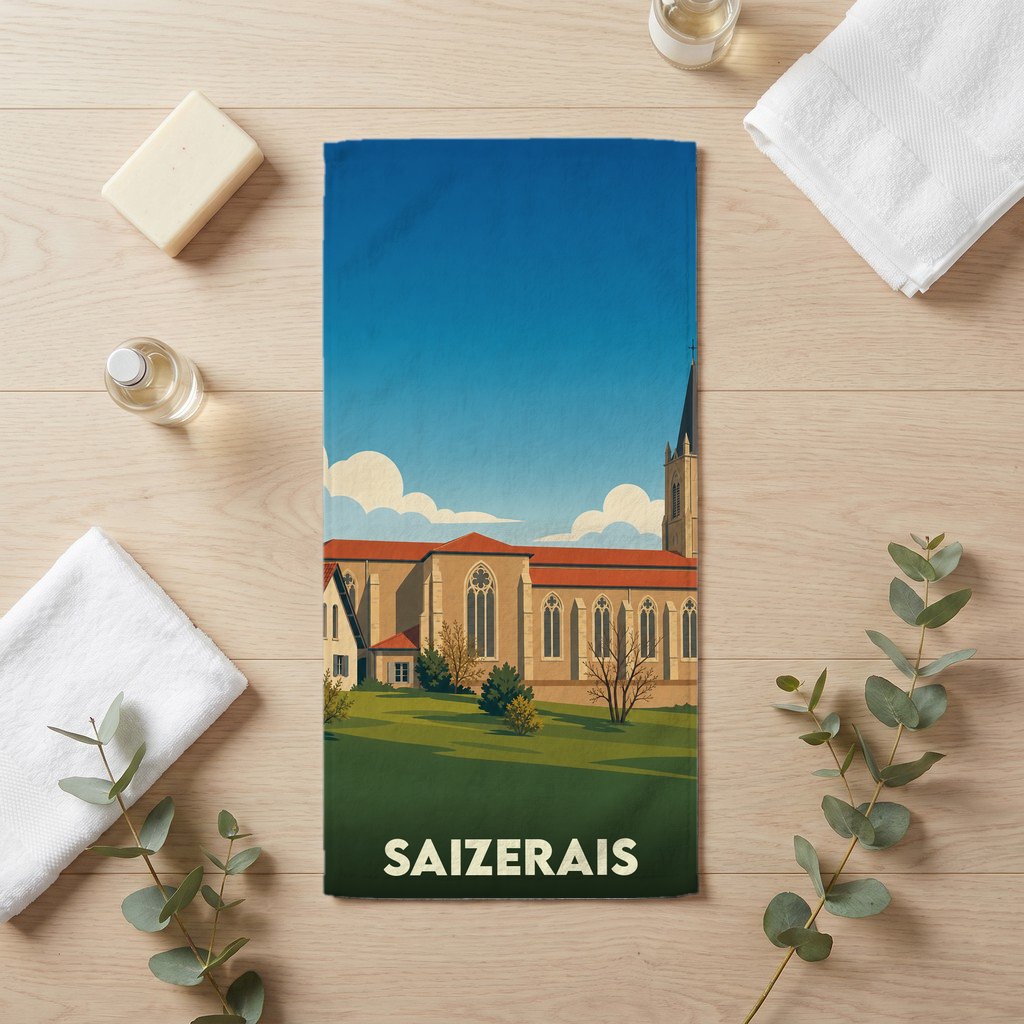 Serviette de bain souvenir de la ville de Saizerais avec une illustration stylisée de son église.