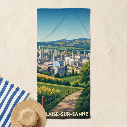 Serviette de bain souvenir de la ville de Salaise-sur-Sanne avec une illustration stylisée de sa zone industrielle.