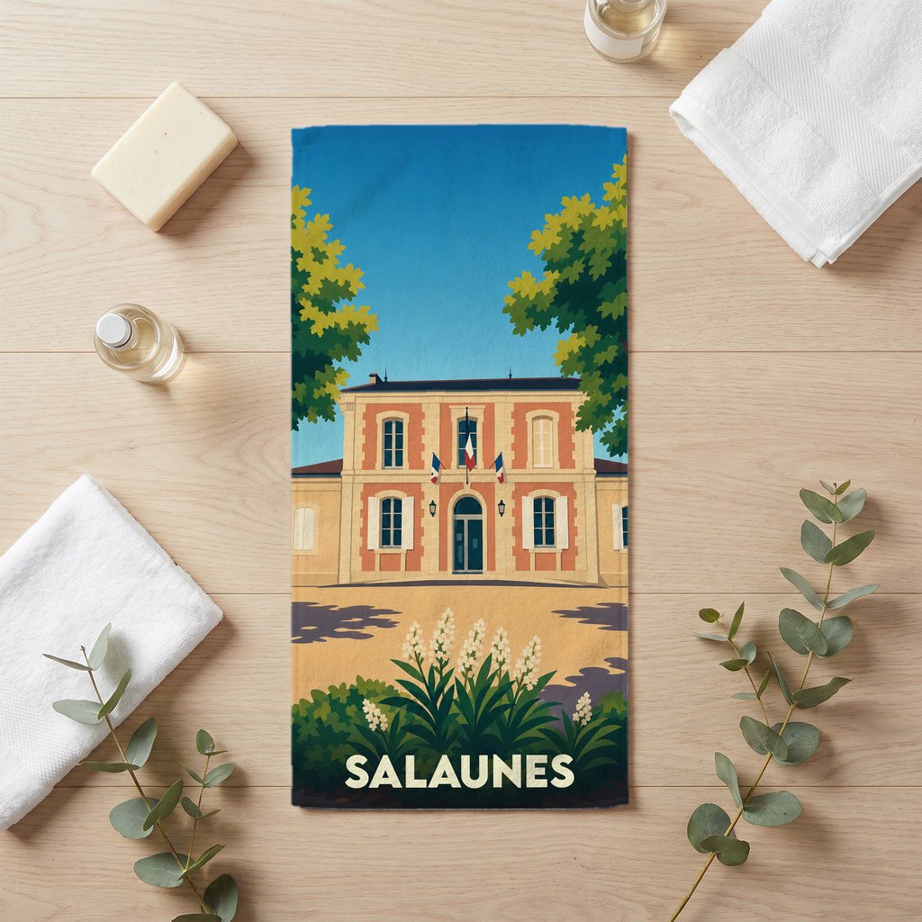Serviette de bain souvenir de la ville de Salaunes avec une illustration stylisée de sa mairie.