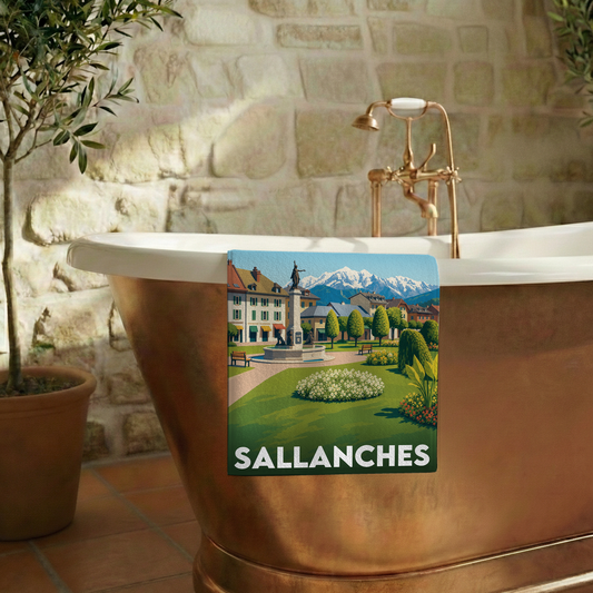 Serviette de bain souvenir de la ville de Sallanches avec une illustration stylisée.