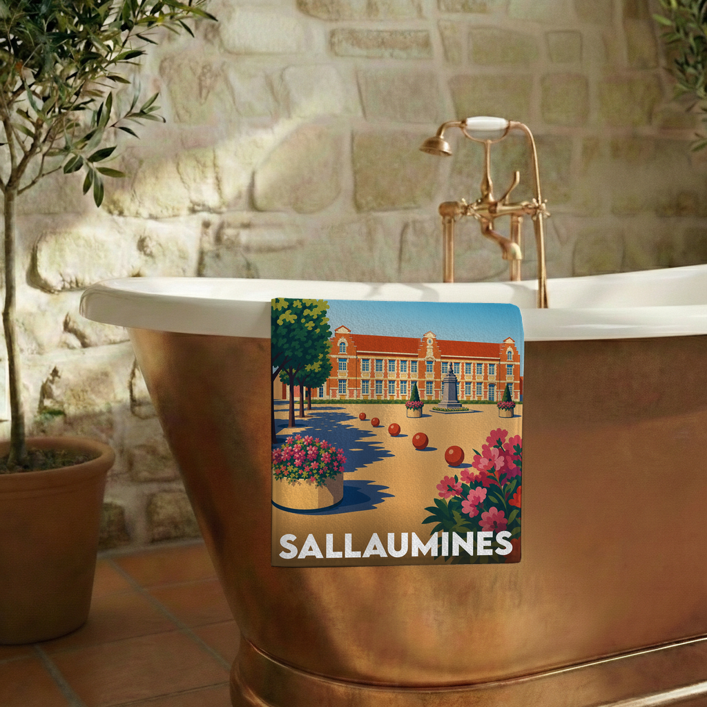 Serviette de bain souvenir de la ville de Sallaumines avec une illustration stylisée.