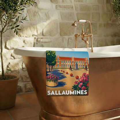 Serviette de bain souvenir de la ville de Sallaumines avec une illustration stylisée.