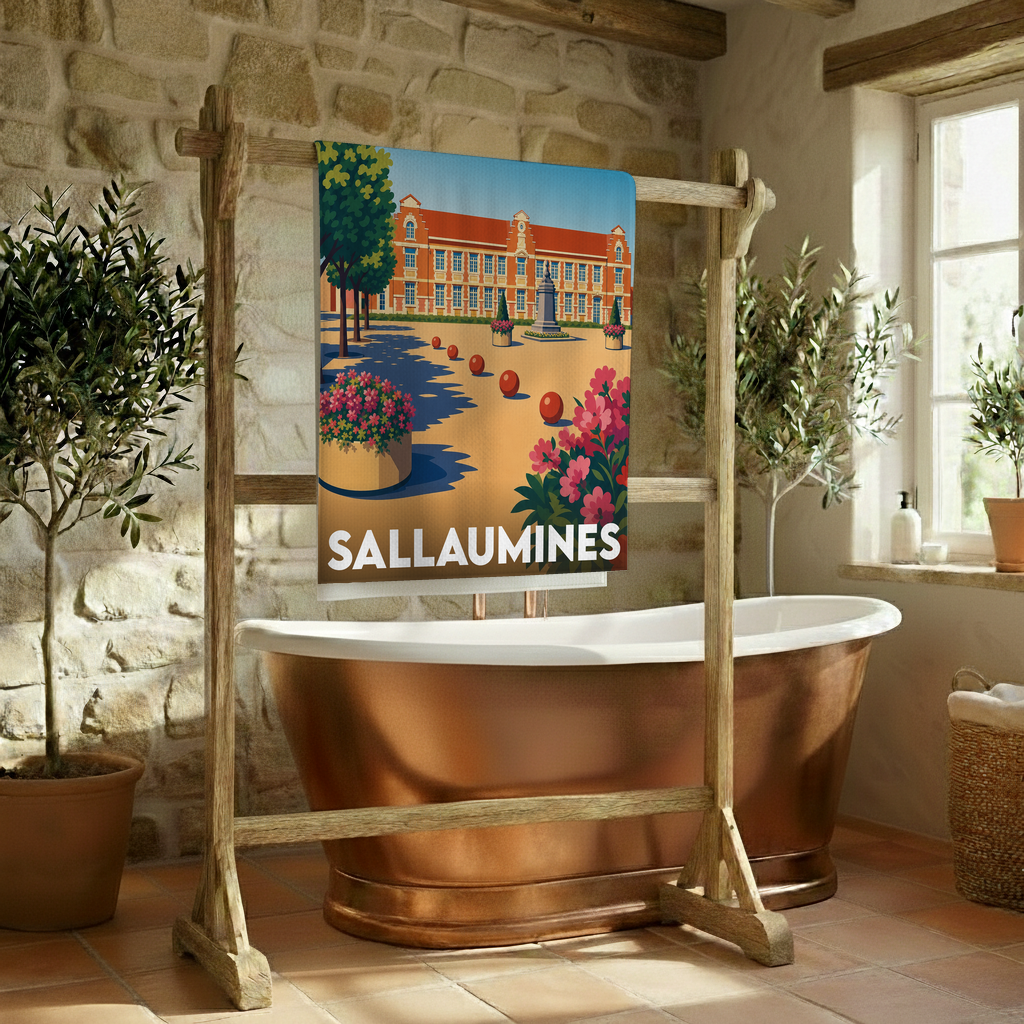 Serviette de bain souvenir de la ville de Sallaumines avec une illustration stylisée.