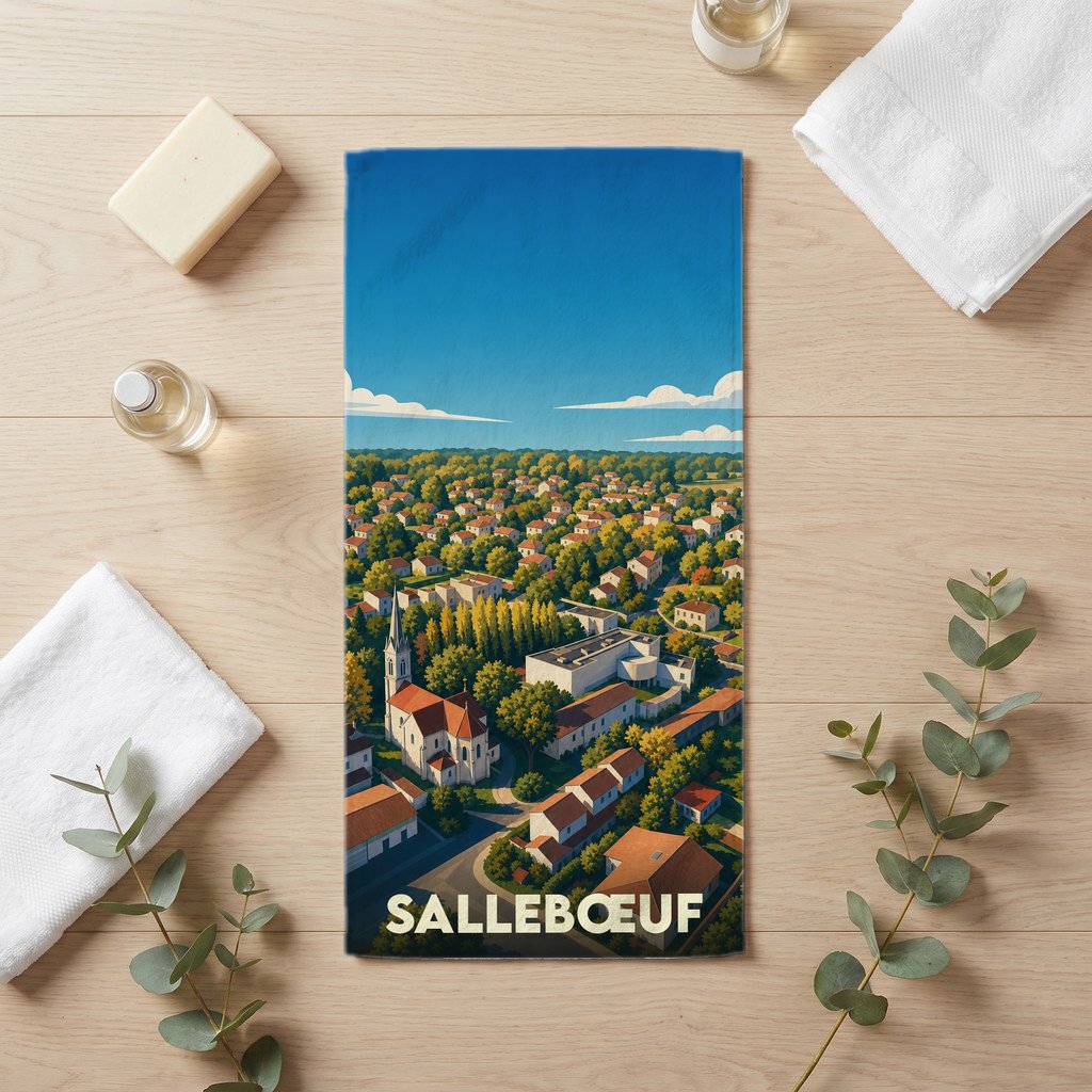 Serviette de bain souvenir de la ville de Sallebœuf avec une illustration stylisée.