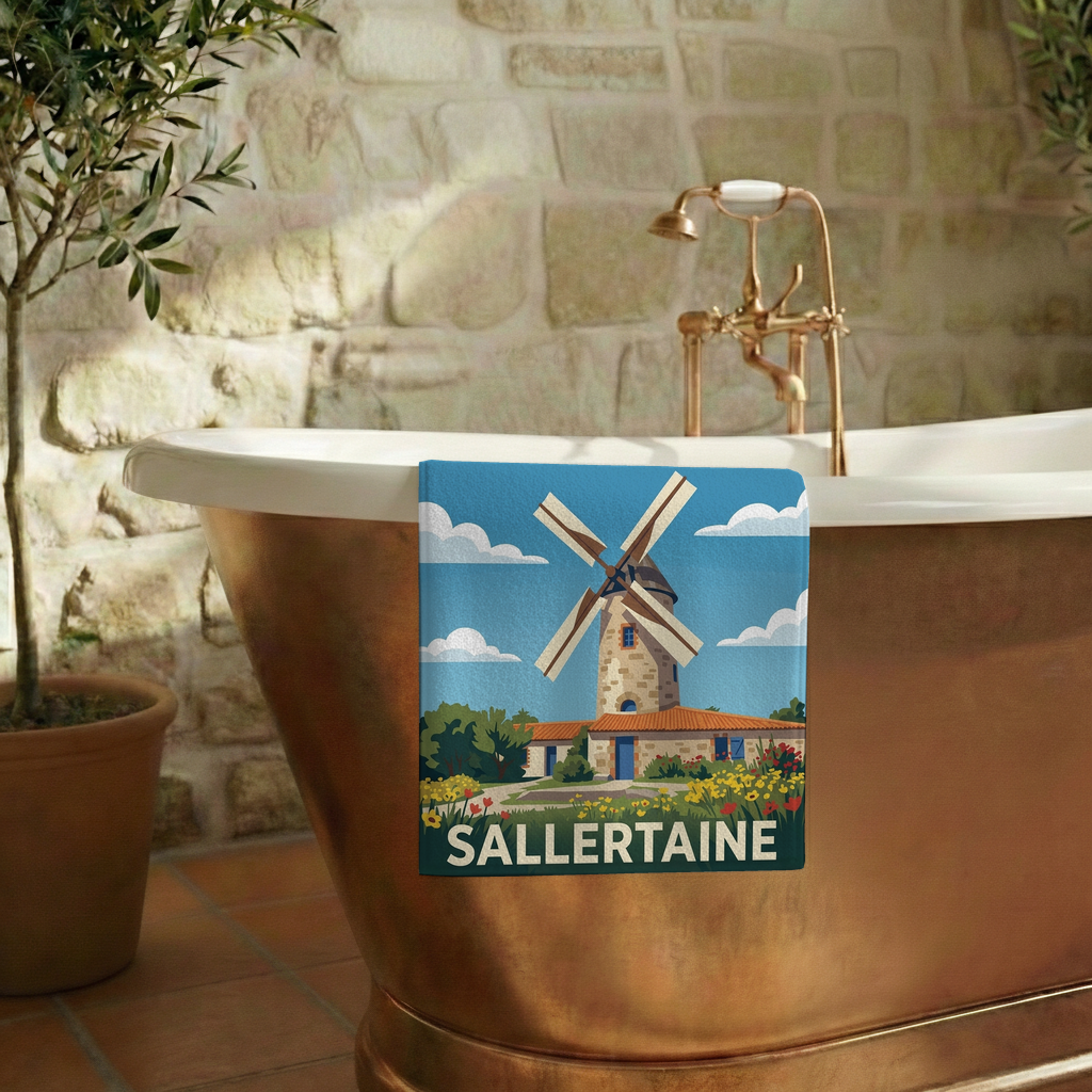 Serviette de bain souvenir de la ville de Sallertaine avec une illustration stylisée.