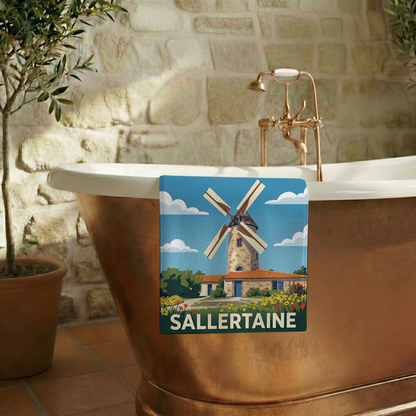Serviette de bain souvenir de la ville de Sallertaine avec une illustration stylisée.