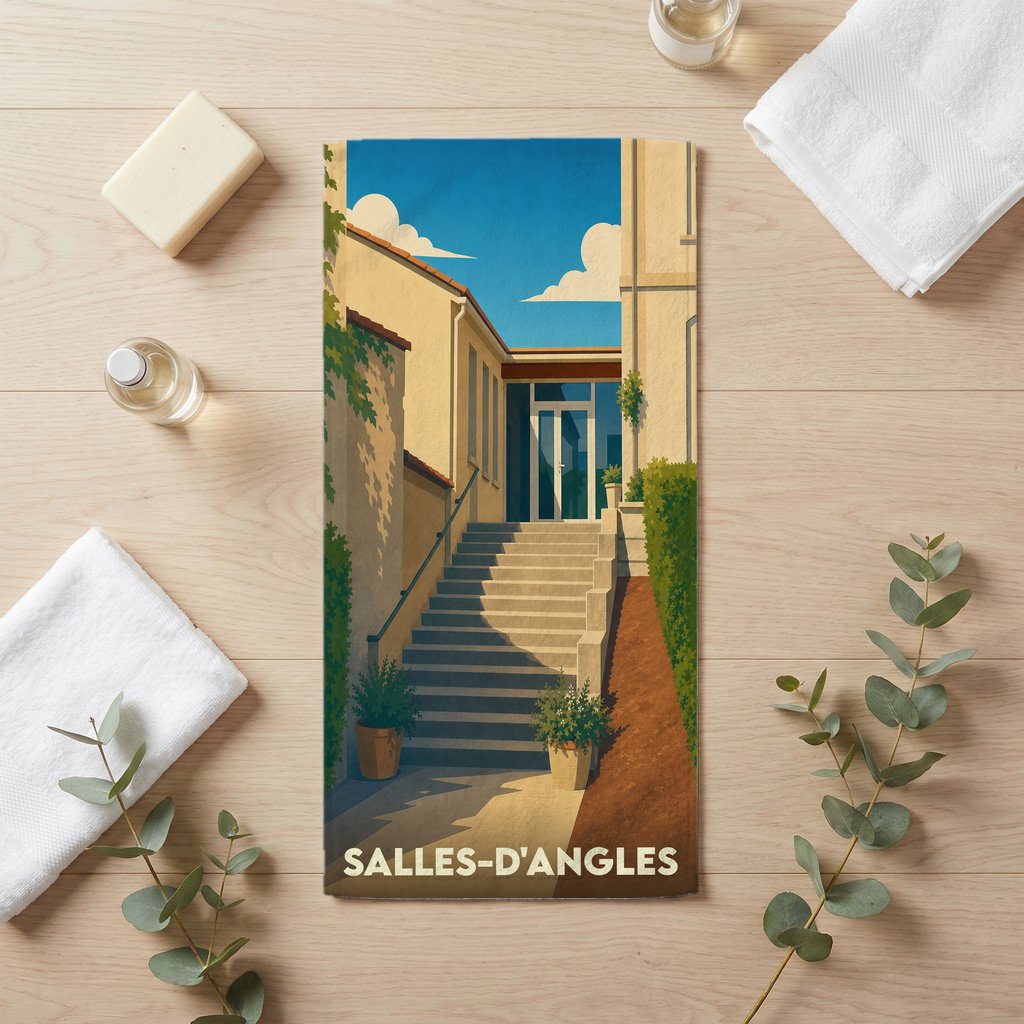 Serviette de bain souvenir de Salles-d'Angles avec une illustration stylisée d'un escalier sous un ciel bleu.
